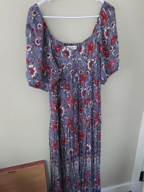 Knox Rose Blue Maxi Dress with Red Floral Print